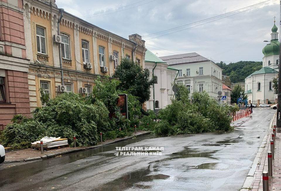 Шквальний вітер у столиці повалив будівельний кран і поламав дерева (фото)