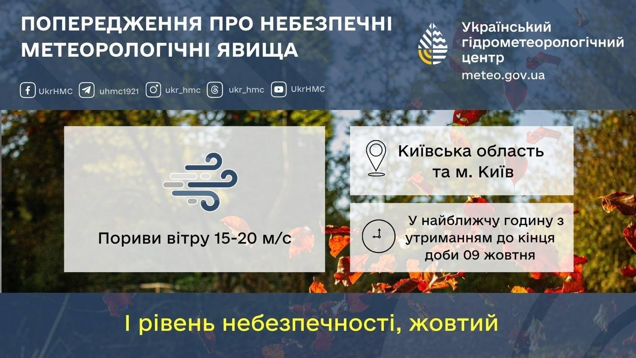 Київщину накриє сильний вітер: пориви до 20 м/с триматимуться до кінця доби